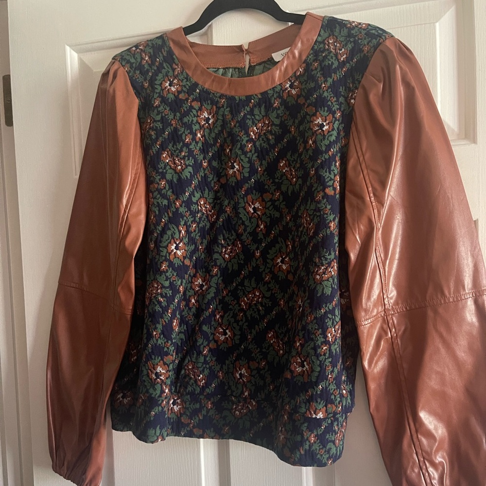 Camel Floral Faux Leather Long Sleeve Top
